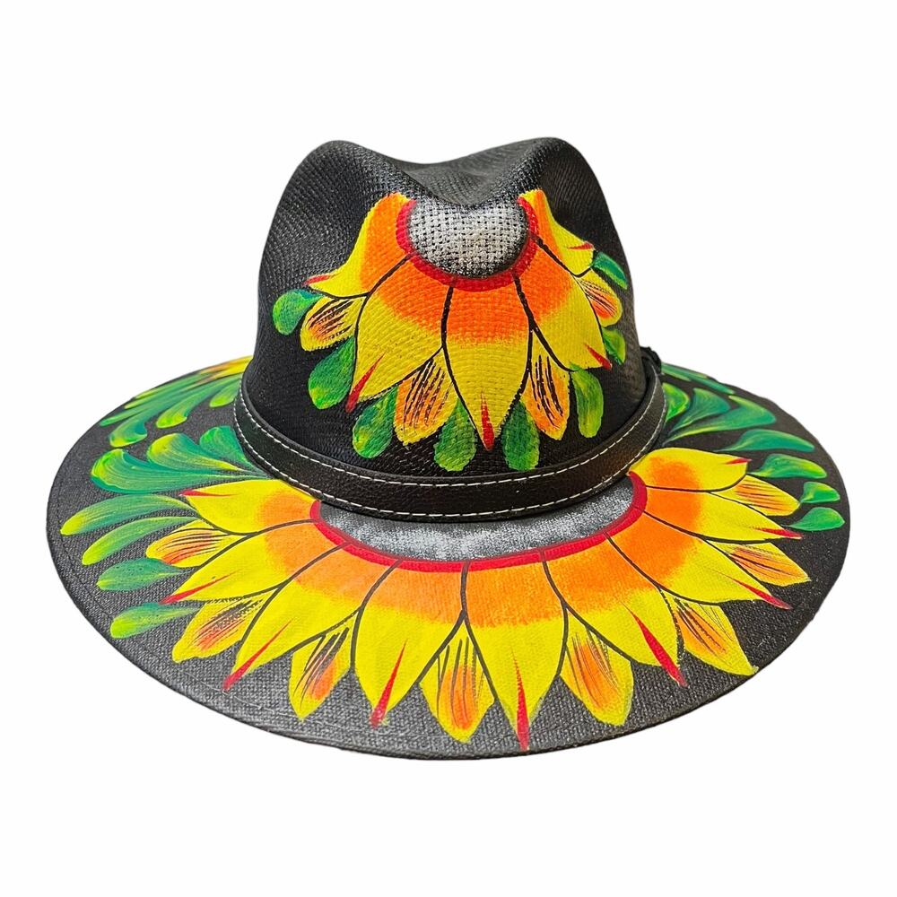 HAT MEXICAN Artisanal Hand Painted Fedora Sunflower Sombrero Panama Bohon Black